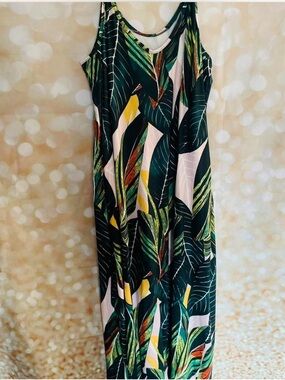Tropical Leaf Print Maxi Dress - Green & Yellow